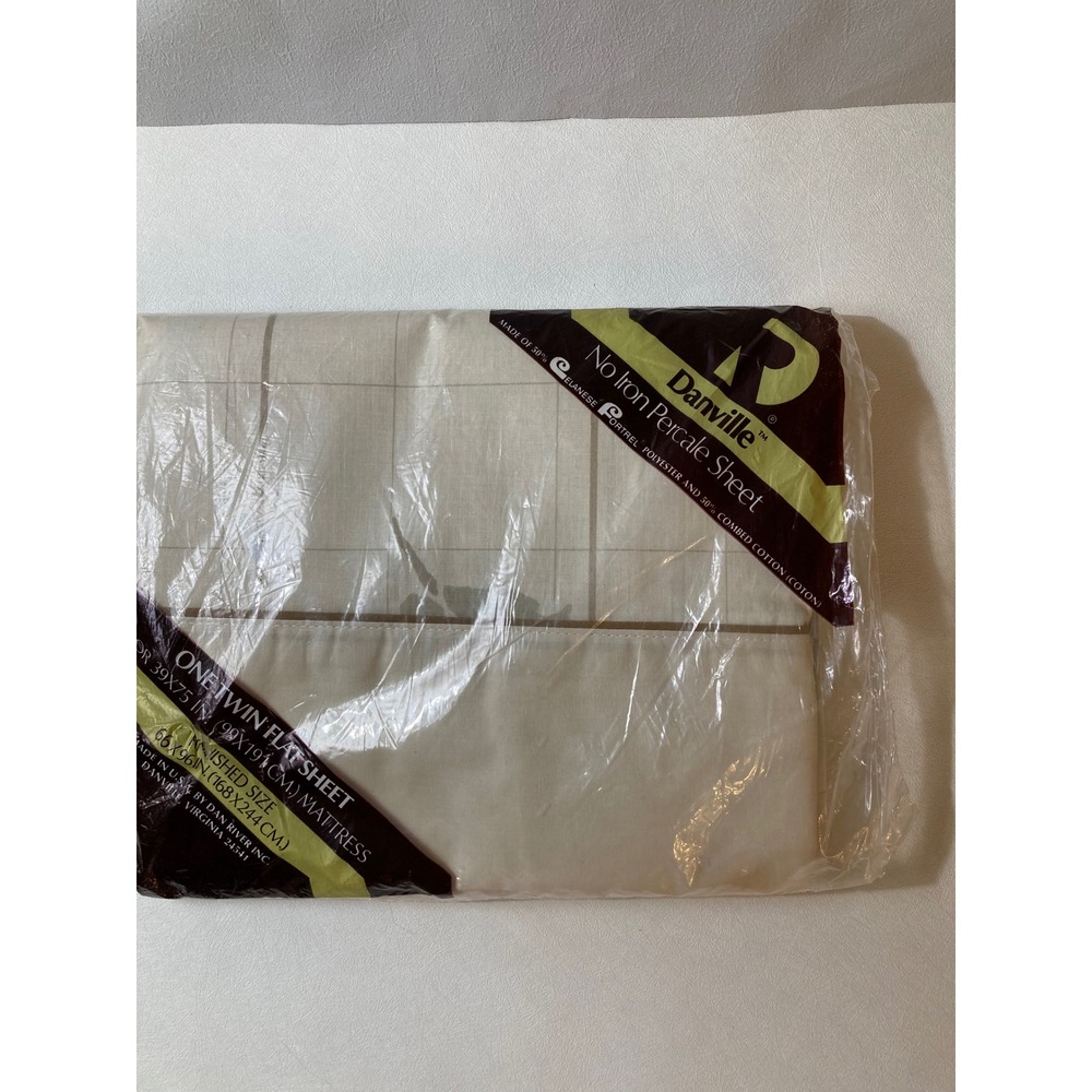Vintage Danville Twin Flat Sheet No Iron Percale Plaid Leaf Print Tan Made USA